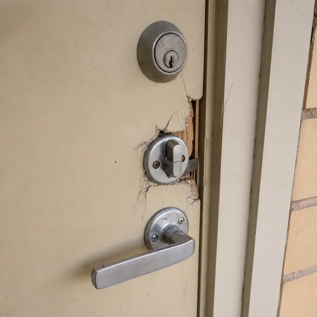 Uppbrutet dörrlås efter inbrott i hyresrätt