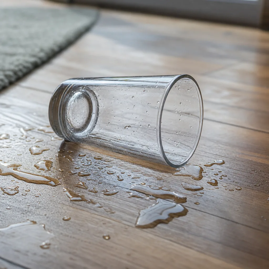 Krossat glas på golv som illustrerar drulleskada