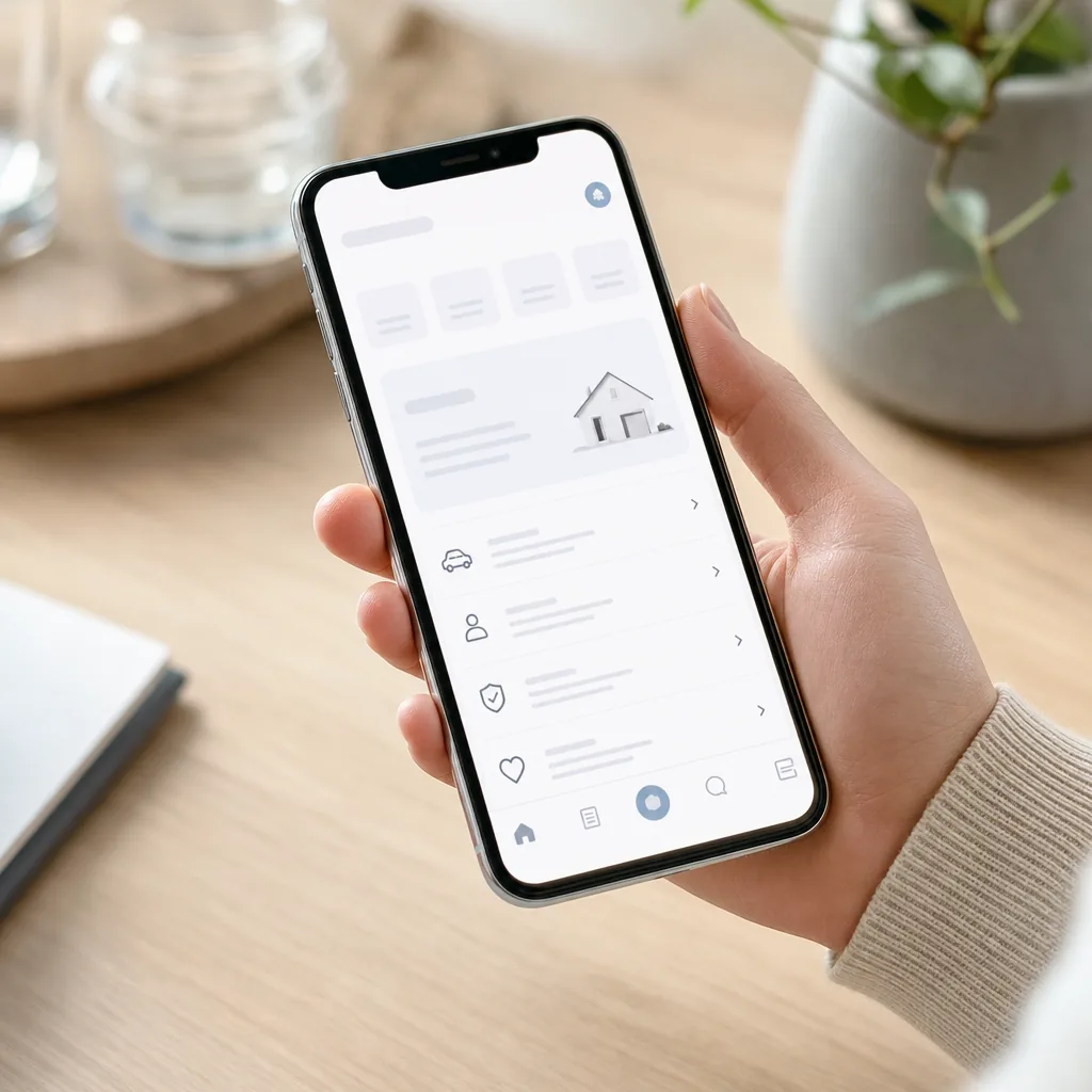 Hedvigs app öppen i en hand med försäkringsöversikt