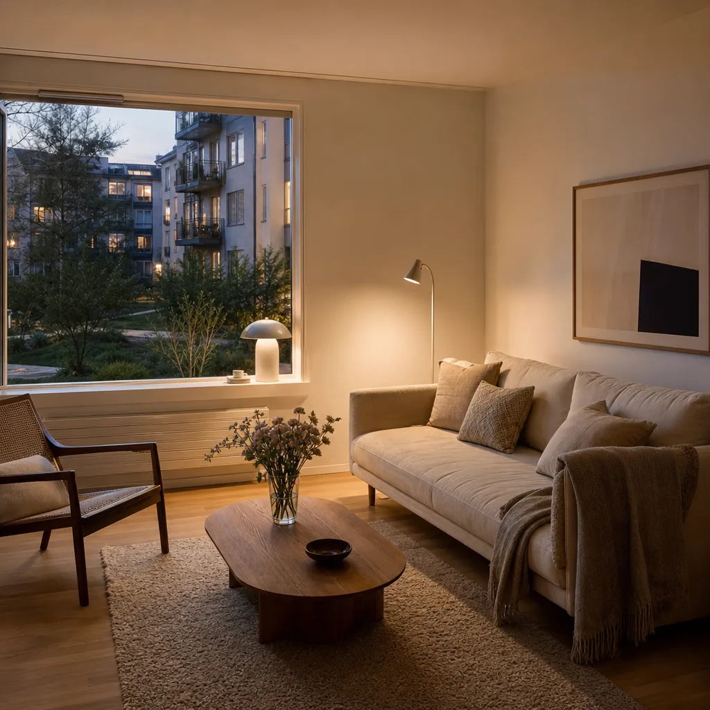 Inrett vardagsrum i en hyresrätt med soffa och växter