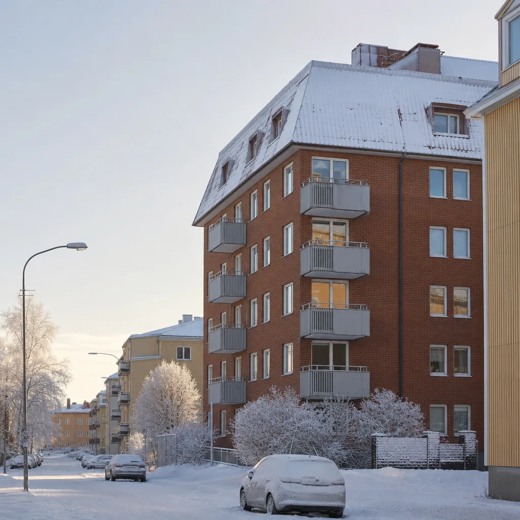 Vinterbild från Umeå med snö och hyresfastigheter